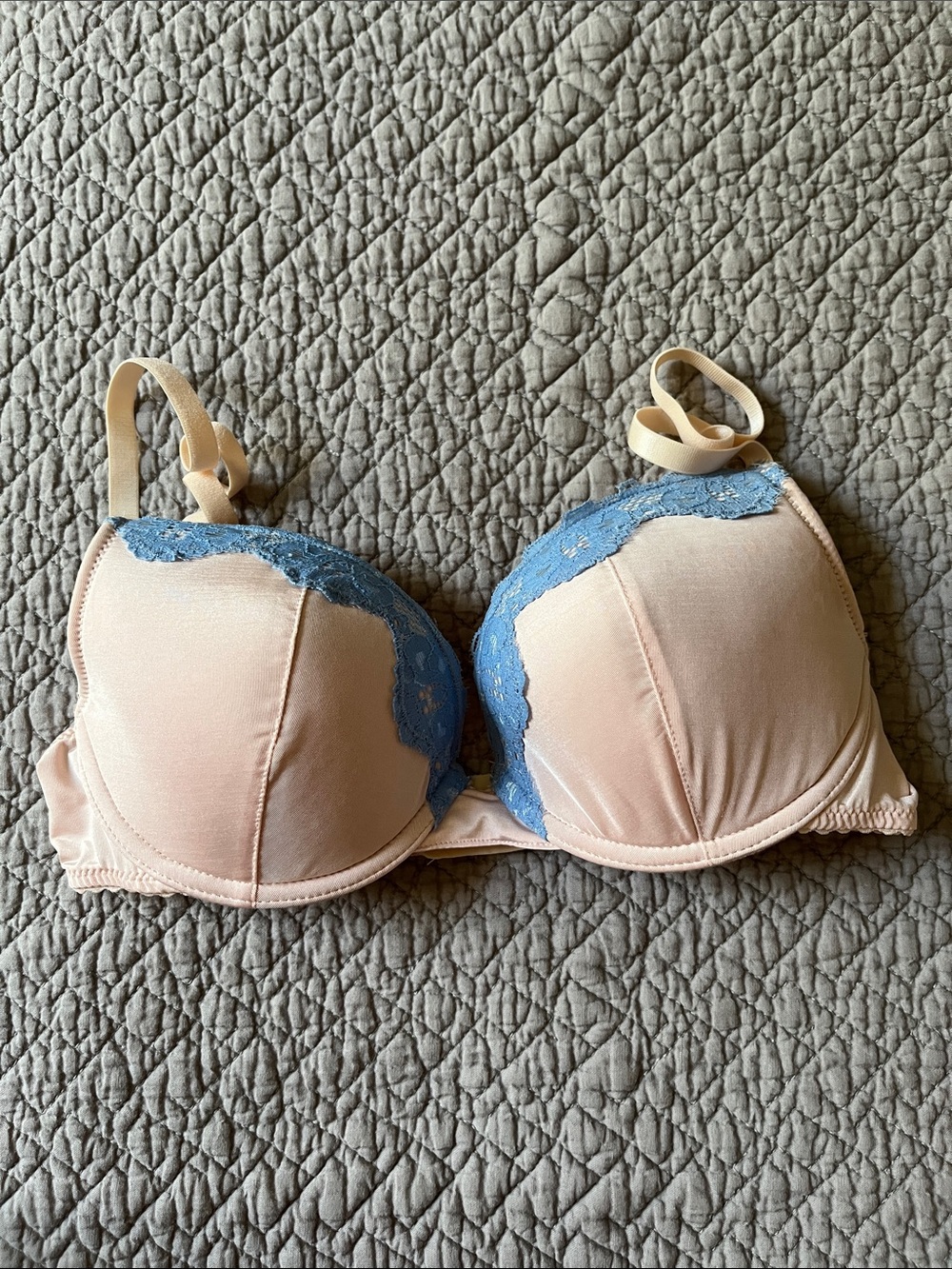 Bella Bloom blush pink satin with powder blue lace trim underwire bra 34C